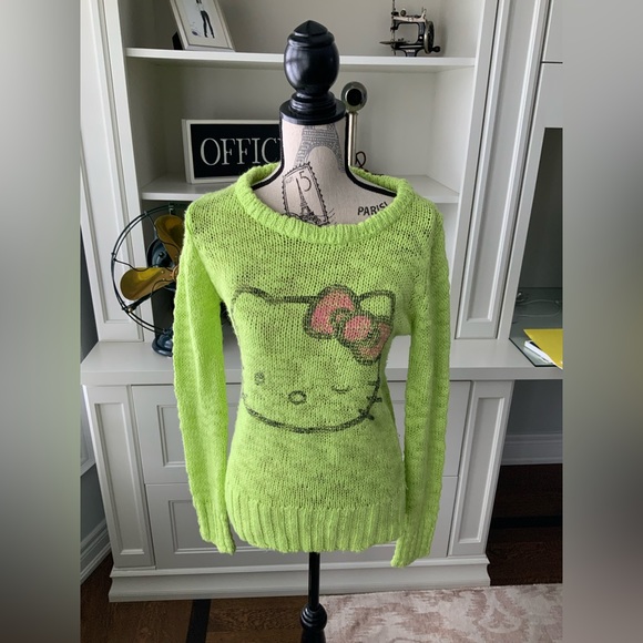 Y2K SANRIO HELLO KITTY Bright Green Graphic Knitted Women’s sweater SZ Medium - Picture 6 of 10